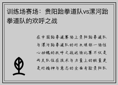 训练场赛场：贵阳跆拳道队vs漯河跆拳道队的欢呼之战