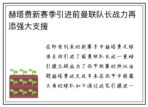 赫塔费新赛季引进前曼联队长战力再添强大支援
